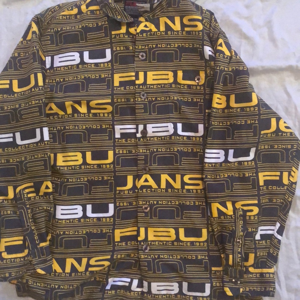 FUBU button down gold and white graphic shirt